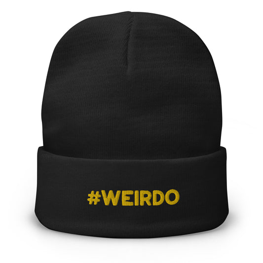 #WEIRDO | This black beanie with pom pom has our #WEIRDO meme embroidered at the front of the beanie. This funny beanie is one size and is for weird men and women. The #WEIRDO meme is embroidered in yellow.