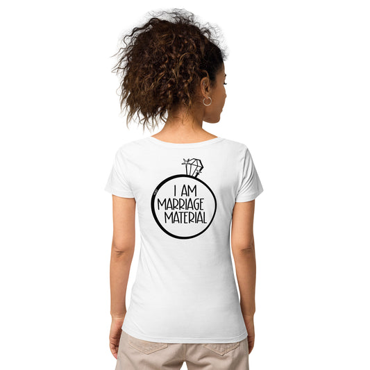 #WEIRDO meme ‘ I am marriage material ‘ is printed at the front and back of this white O-neck women’s t-shirt. We got all kinds of funny t shirts with weird memes for weird people!