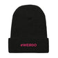 #WEIRDO | Waffle beanie knit with pink #WEIRDO embroidery sewn at the front of the beanie. Check out all our weird beanies with funny memes in our online gift store for weirdos!