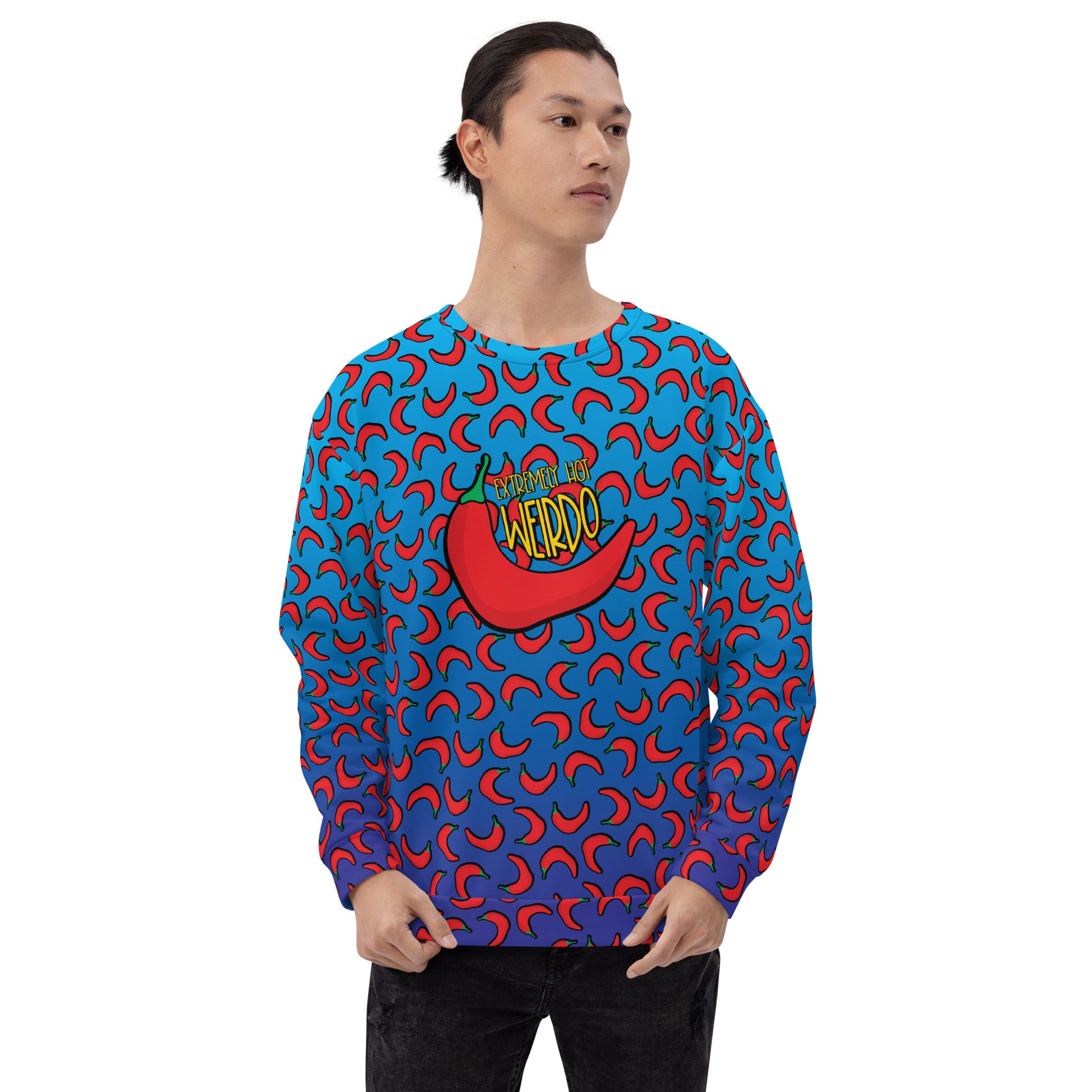  #WEIRDO | This awesome and weird men’s sweatshirt is for you weirdos who like weird apparel with weird memes! This blue sweatshirt has contrasting red peppers printed all over the sweatshirt and our Extremely Hot Weirdo meme printed at the centre front of the sweatshirt.