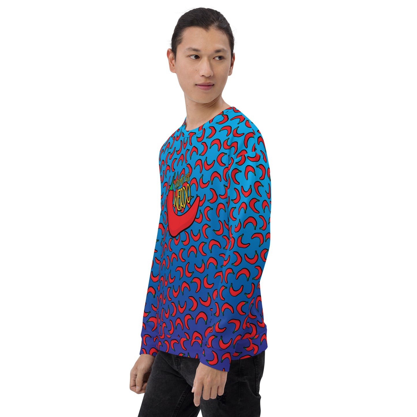 #WEIRDO | Awesome, weird and funny sweatshirt for men who think that they are an Extremely Hot Weirdo. This blue sweatshirt for men has contrasting peppers printed all over the shirt. Only weird people who are HOT will wear this!