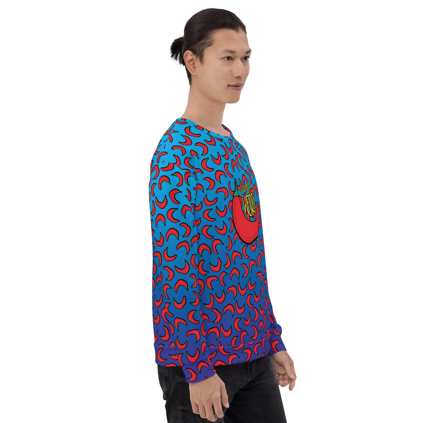 #WEIRDO | Extremely Hot Weirdo sweatshirt! Only a weirdo who thinks he’s extremely hot will wear this sweatshirt. This blue sweatshirt has contrasting red peppers printed all over.