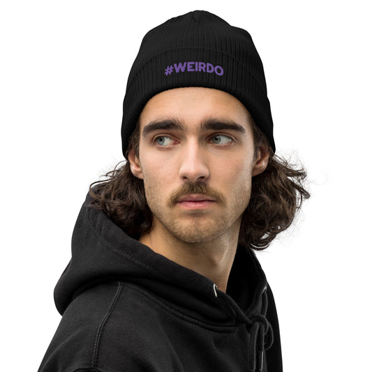 #WEIRDO | Beanie for weird people! This black organic ribbed beanie hat has the #WEIRDO meme embroidered at the front of the beanie hat. This beanie is for men and women and is only one size.