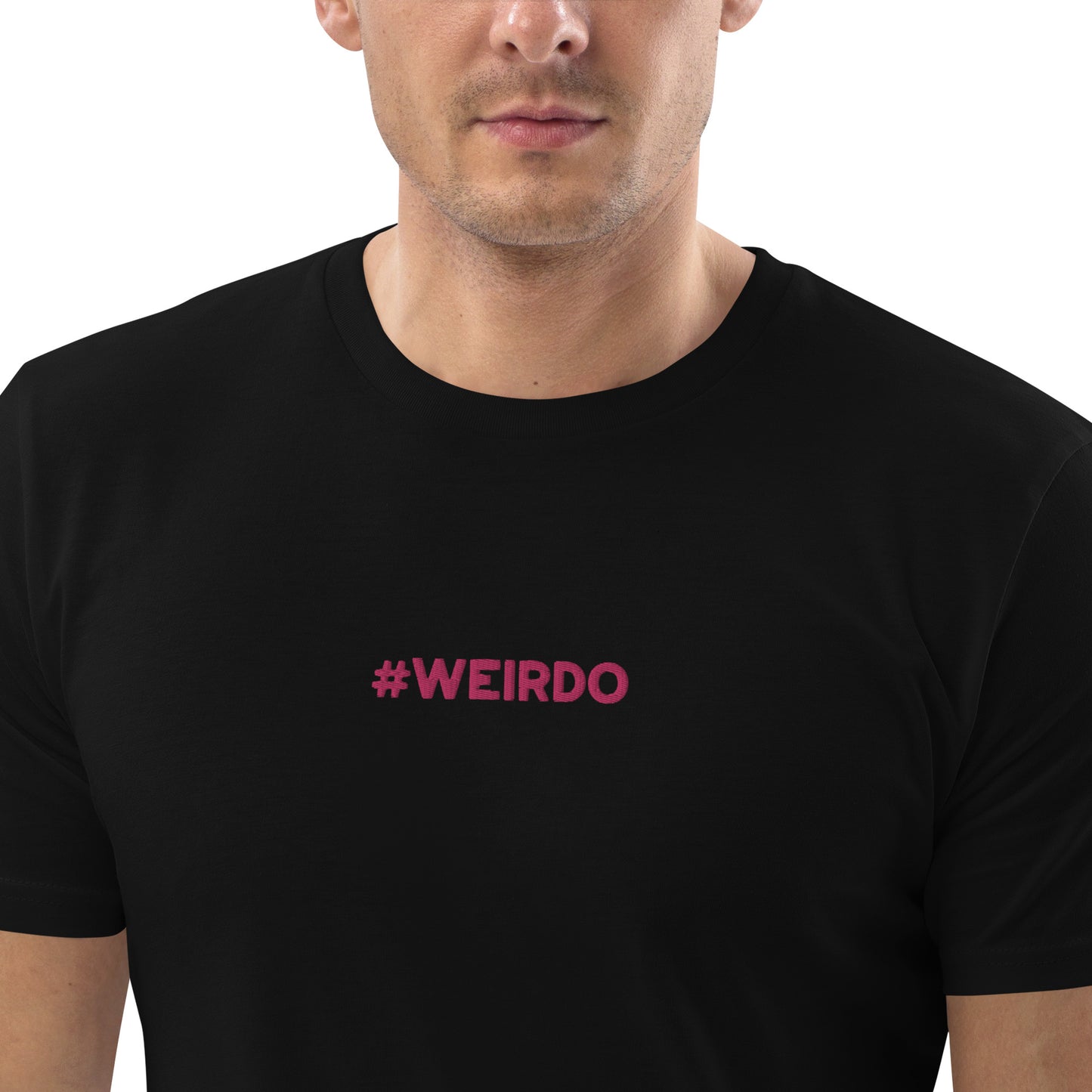 #WEIRDO meme is embroidered in pink at the front of this black cotton organic t shirt for men. If you look for a weird t shirt, this is your number one to go to webshop!