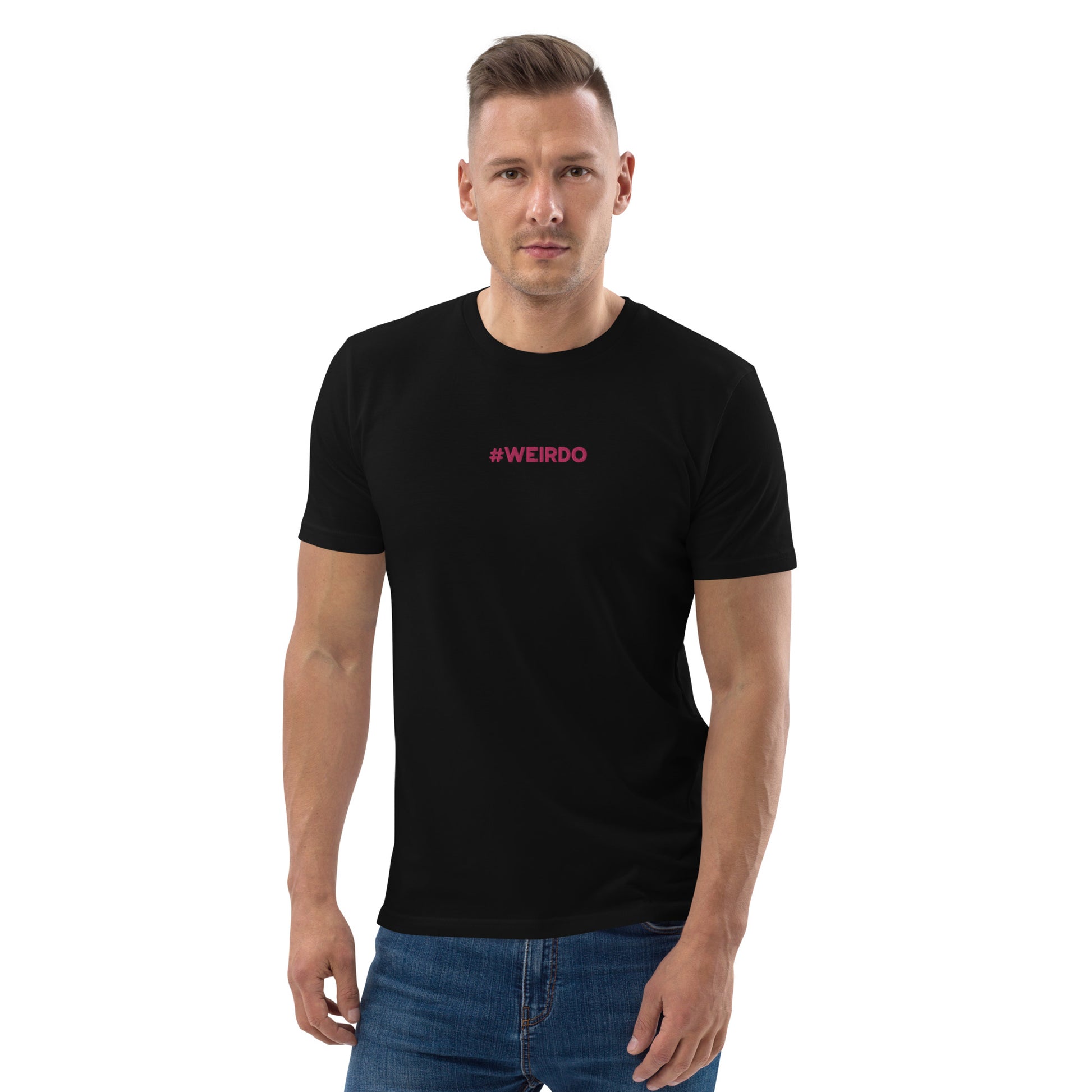 #WEIRDO meme is embroidered at the front of the t shirt. The color pink is used for this which gives a nice contrast with the black t shirt for men. Welcome to the funny t shirt company!