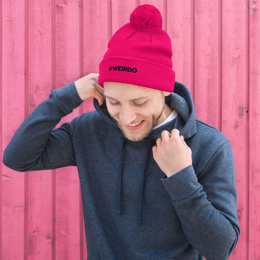 #WEIRDO | Our brand is totally focussed on weird people! Only weird people will wear this pink beanie with #WEIRDO meme embroidery. Pink beanie with pom pom.