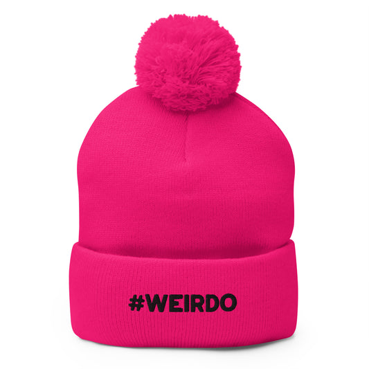 #WEIRDO | pink beanie with pom pom and black #WEIRDO meme embroidery. This pink pom pom beanie is only for weirdos who like to stand out! Check out more funny beanies in our online gift store for weird people!