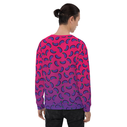 #WEIRDO | This pink and purple sweatshirt with blue #WEIRDO meme printed at the front has eggplants printed all over the sweatshirt for men. The base color of this sweatshirt is pink to purple.