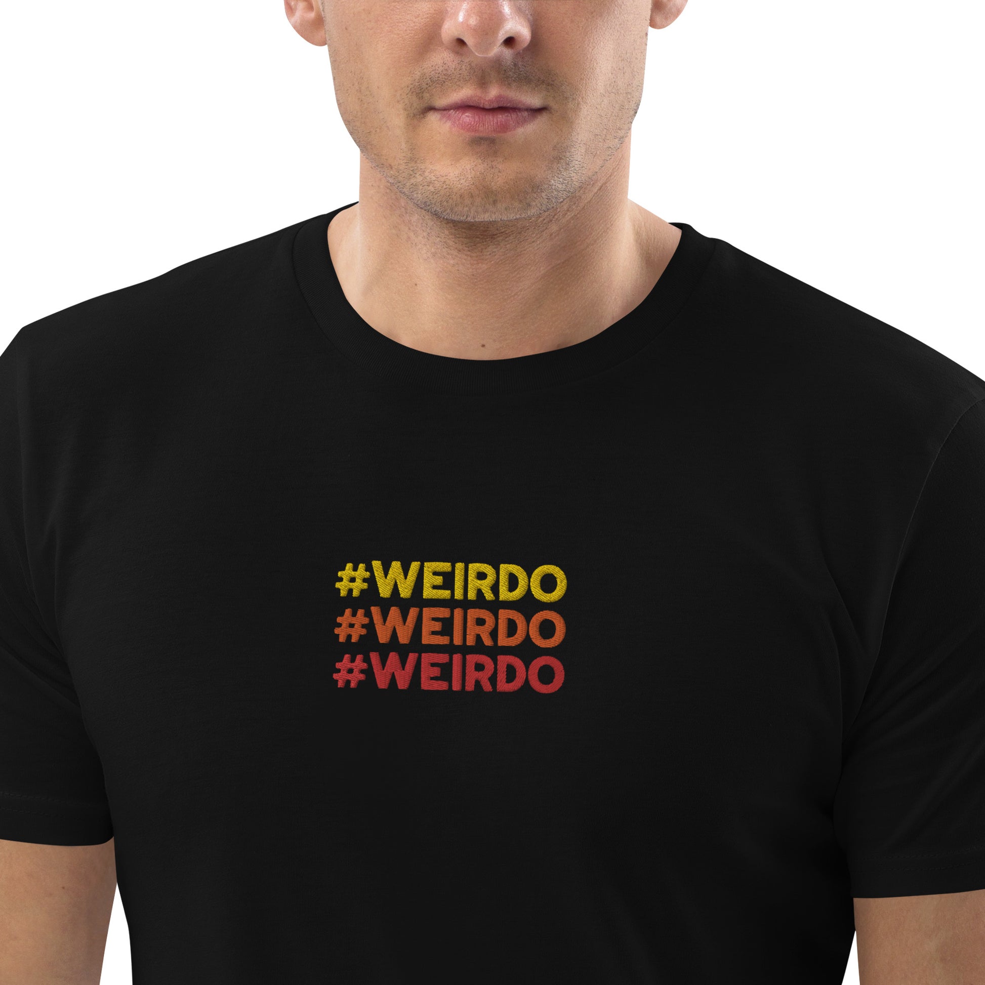 #WEIRDO meme is embroidered 3 times at the front of this cotton t shirt for men. The weirdo meme is embroidered in the colors, yellow, orange and red. Weird gifts are available in our online web shop for weirdos.