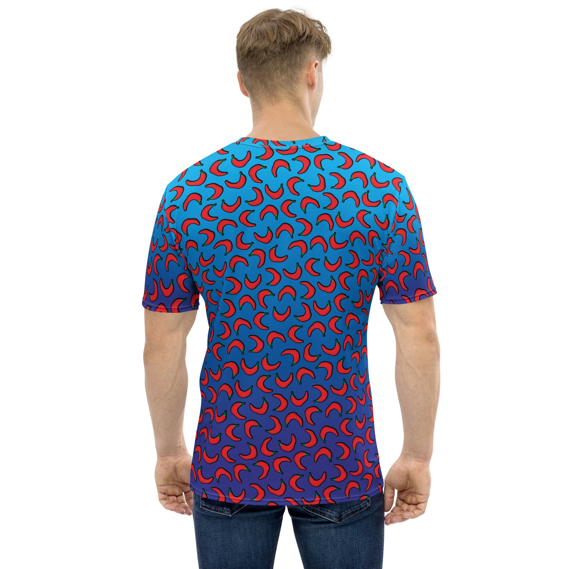 #WEIRDO | Funny t shirt man with sarcastic meme. This blue t shirt for men has contrasting red peppers printed on the shirt and our fun meme; Extremely Hot Weirdo printed at the back.