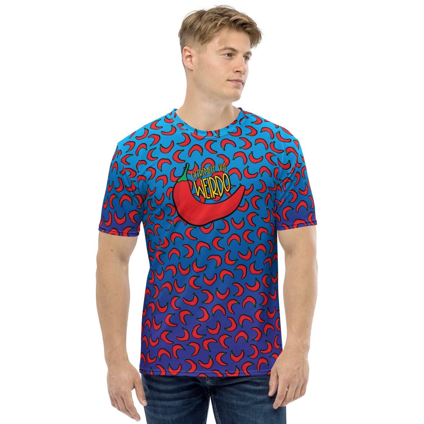 #WEIRDO | Weird t shirt man. This t shirt is blue and has red peppers printed all over the shirt. Of course our fun meme is printed at the back of the t shirt; Extremely Hot Weirdo.