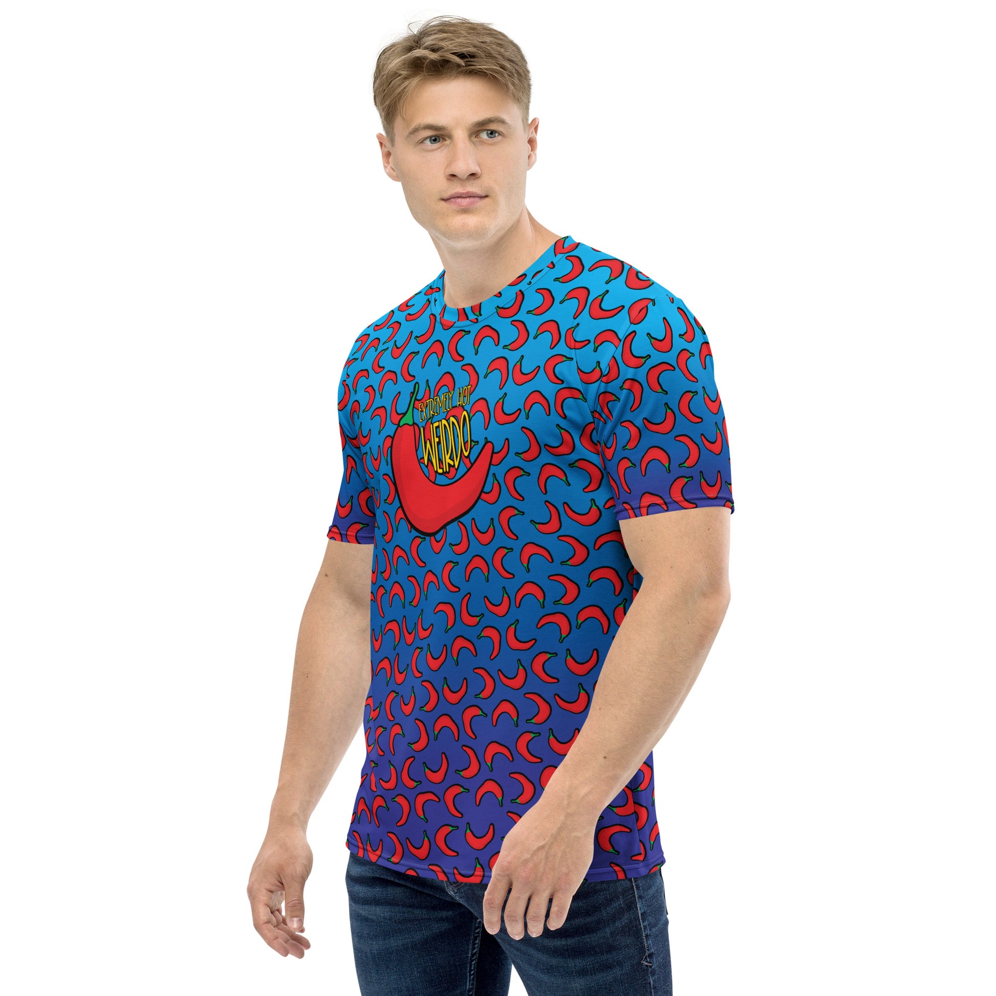 #WEIRDO | Welcome to the funny t shirt company! This blue t shirt for men with contrasting red peppers will weird people definitely notice you. Awkward meme printed at the back of the men’s t-shirt, Extremely Hot Weirdo.