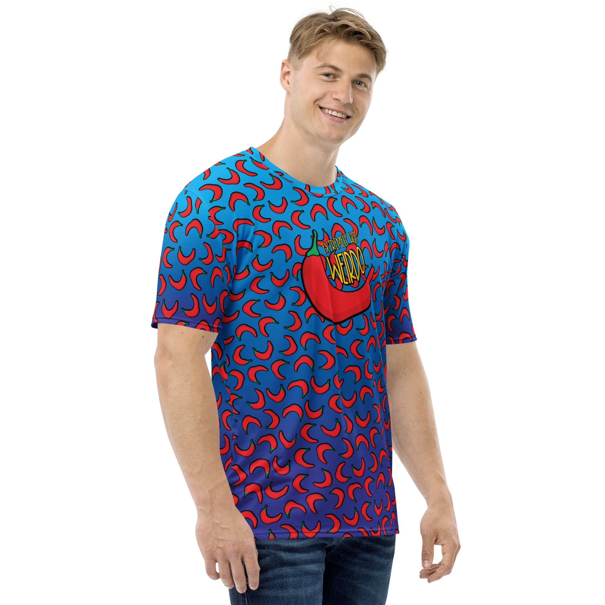 #WEIRDO | Weird t-shirt designs at this funny t shirt company! This men’s t shirt is light and dark blue and has contrasting red peppers printed all over the t shirt. Our Extremely Hot Weirdo funny meme is printed at the back of the t shirt.