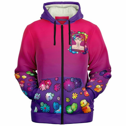 WEIRDO | This microfleece zip up hoodie is for you female weirdos who are into spirituality and tarot cards! This pink and purple hoodie has colorful flowers flying around and THE WEIRDO tarot card is printed at the front and the back of the hoodie.