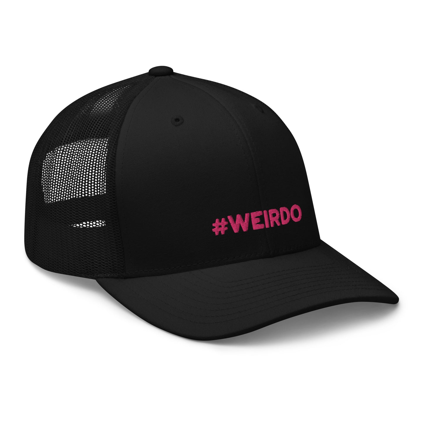 #WEIRDO | This black truckers cap with mesh has the #WEIRDO meme embroidered in the color pink at the front of the cap. If you are looking for weird gifts like funny hats for adults who are weird, hashtagweirdo is the store for you!
