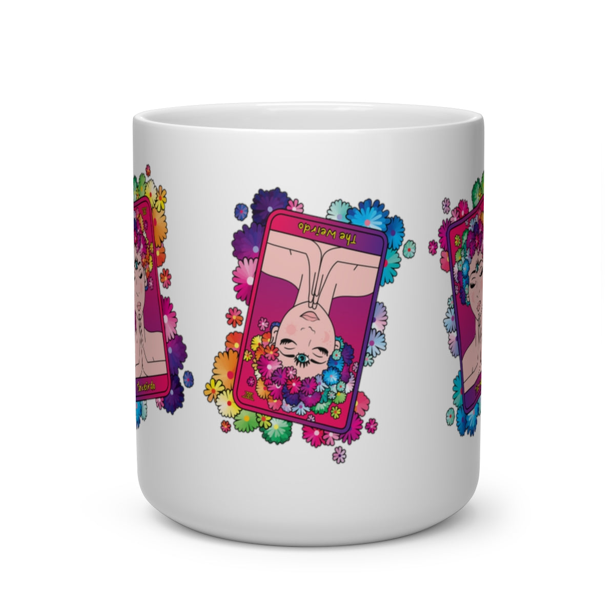 #WEIRDO | The Weirdo tarot card is displayed tree times on this white heart shaped handle mug! If you like spirituality, tarot cards and are looking for a weird gift, this is for you!