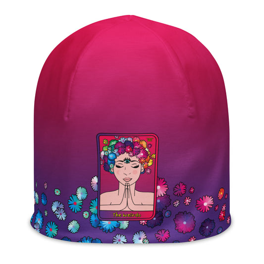 #WEIRDO | Funny beanie for spiritual weirdos! This beanie hat has ‘The Weirdo’ tarot card shown at the front of the funny beanie. The pink/purple beanie has flowers printed around the beanie.