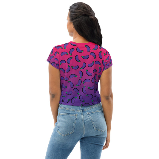#WEIRDO | Funny t shirts for woman are available in our funny t shirt company! This crop tee with the pink and purple color, has eggplants printed all over the tee. Our # WEIRDO meme is printed at the front centre.