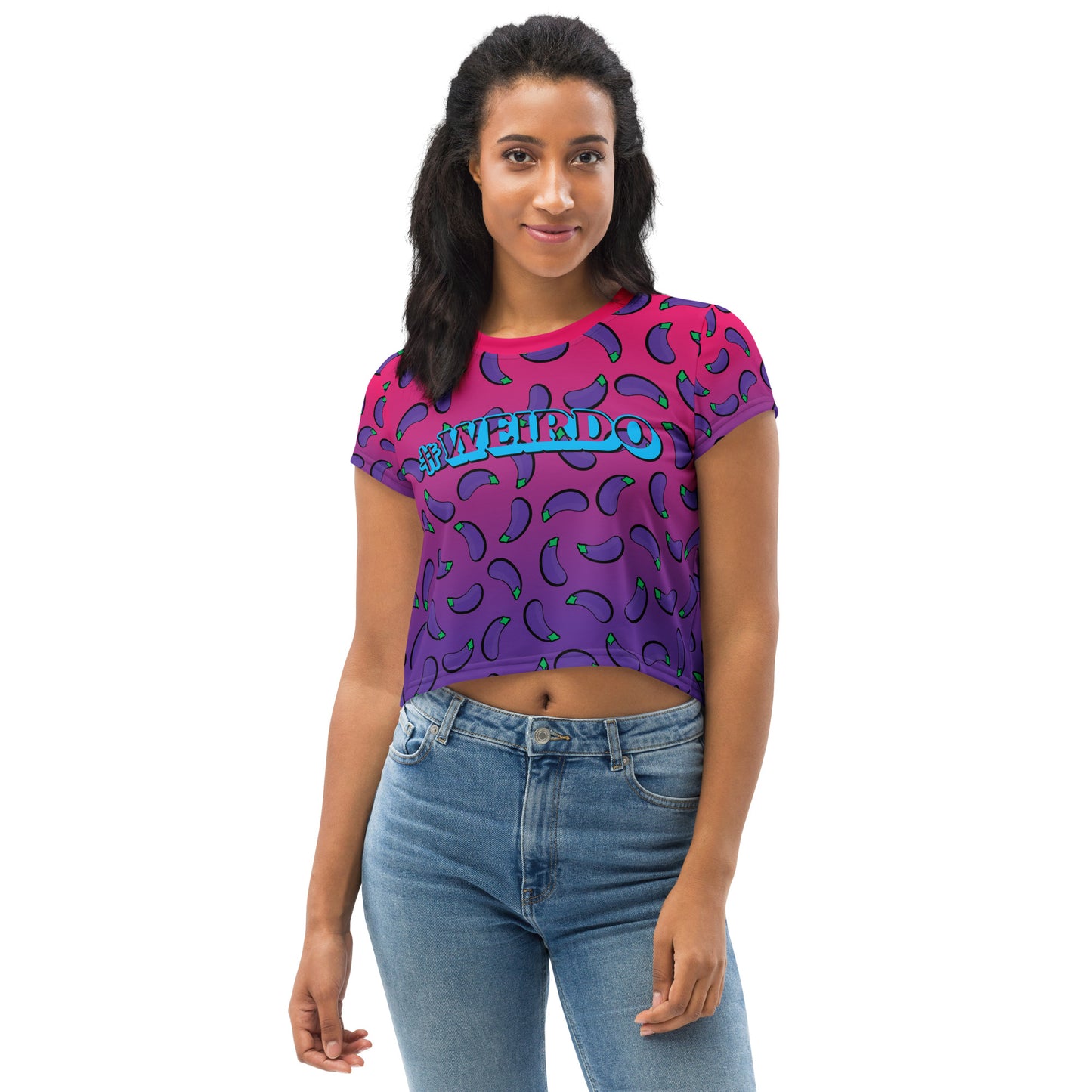 #WEIRDO | This is a really weird t shirt for weird women! This crop tee is pink/ purple and has ‘eggplants’ printed all over the t shirt. Our # WEIRDO meme is printed at the front of the tee.