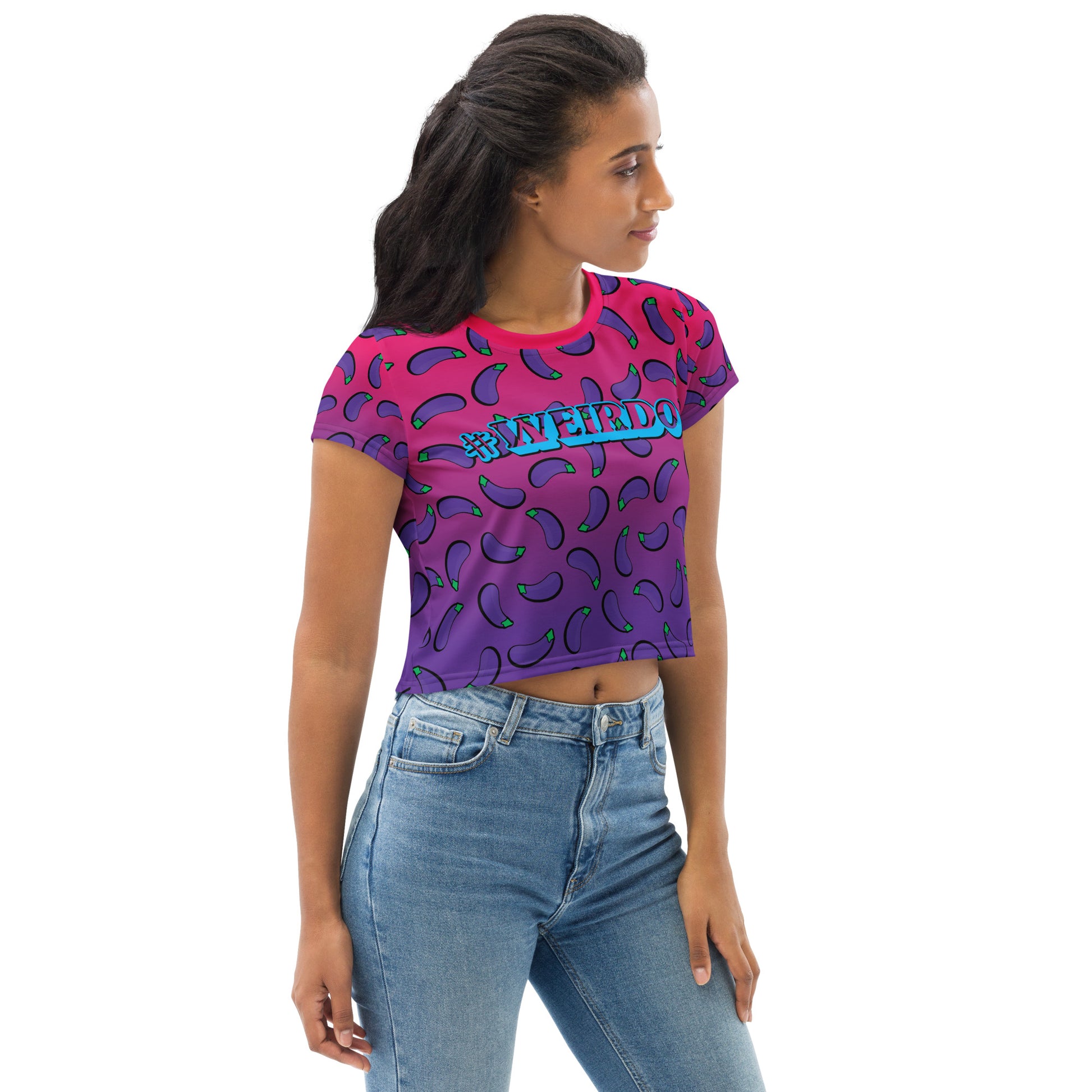 #WEIRDO | If you’re looking for funny t shirts for woman, this is your favorite funny t shirt company! This crop tee is definitely weird with the eggplants printed all over the tee. Our #WEIRDO meme is printed at the centre of the crop tee.