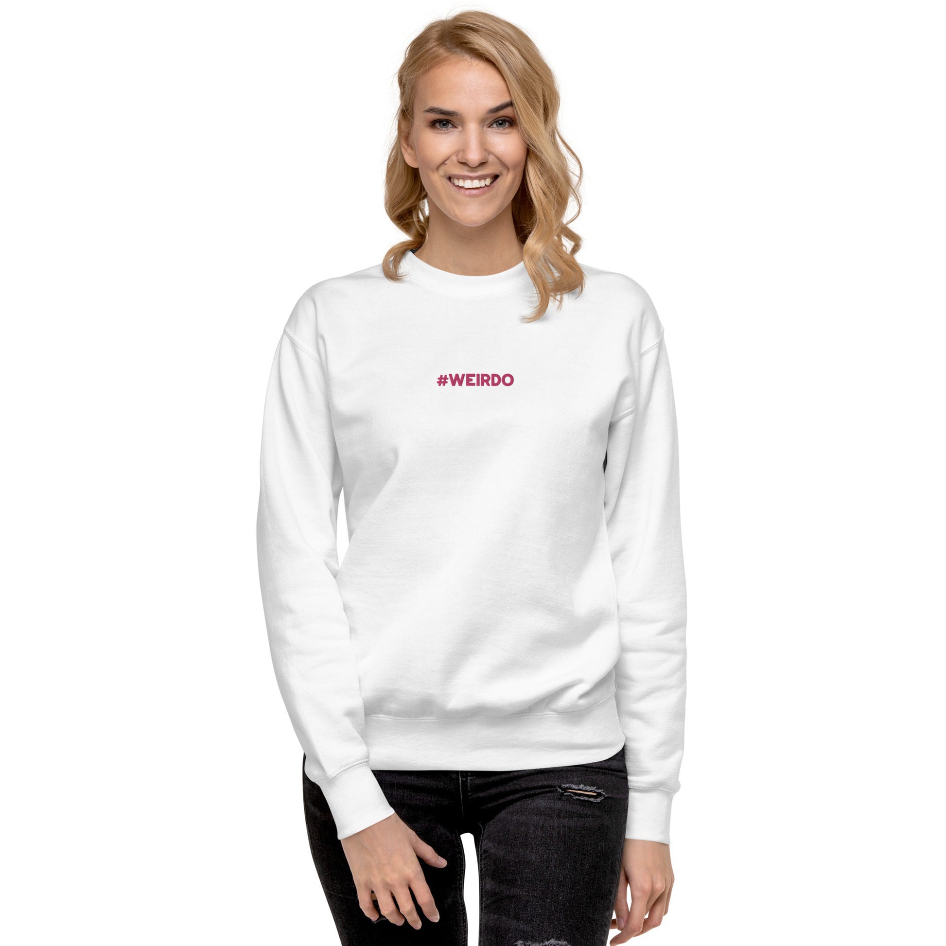 #WEIRDO | This basic white sweatshirt for women has a regular fit and has a 3D stitched #WEIRDO meme at the front of the sweatshirt. Only in this weird online store you will find weird apparel for weird men and women!