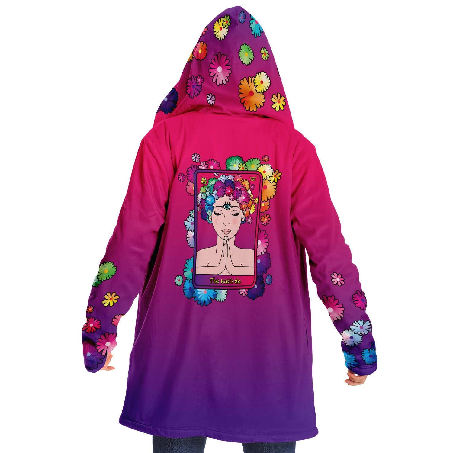 WEIRDO | Micro fleece vest for weirdos who are into spirituality and tarot cards. This pink and purple vest has flowers and THE WEIRDO tarot card shown on the micro fleece vest.
