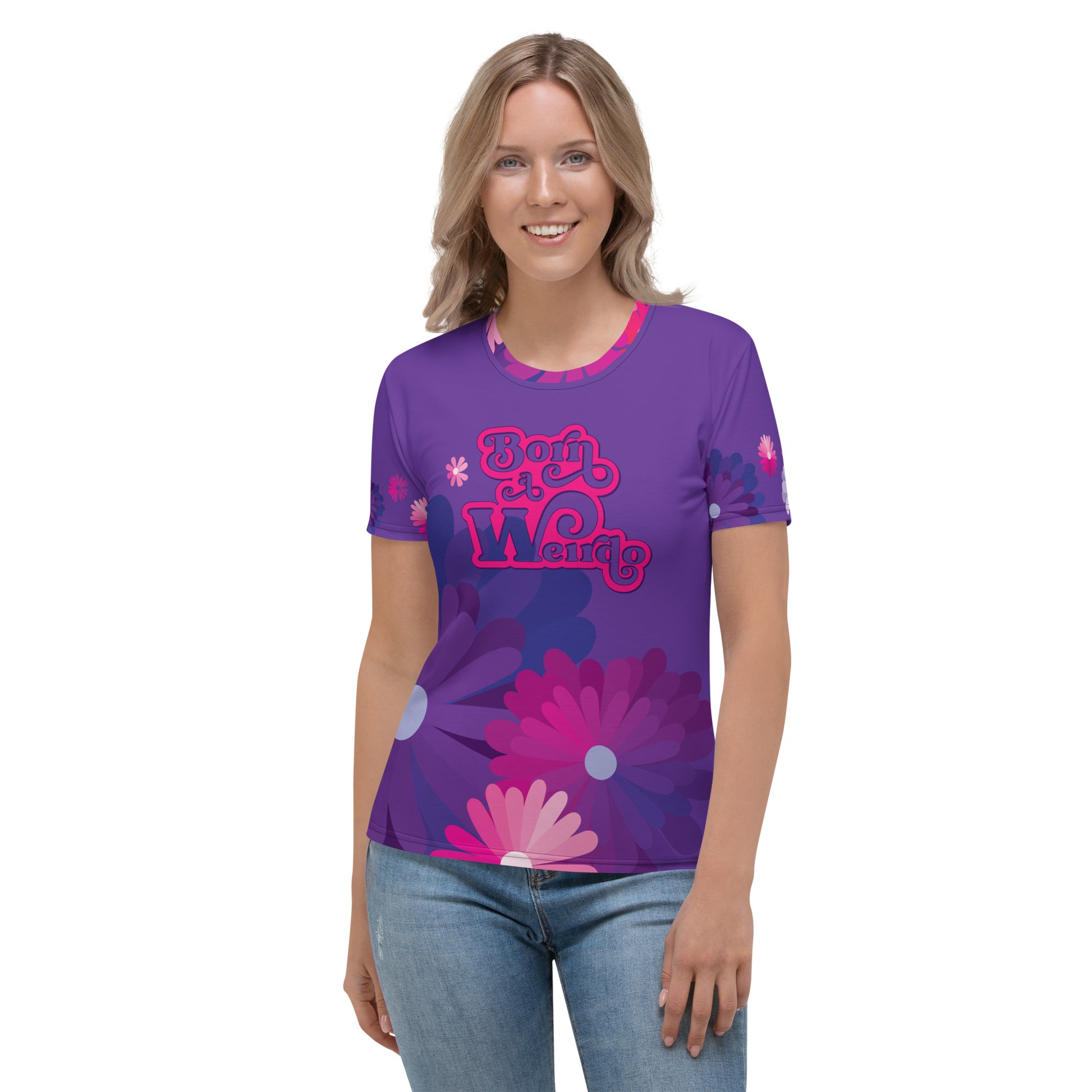 #WEIRDO | T-shirt for woman. Purple with flowers. Fun meme at front: Born a Weirdo.