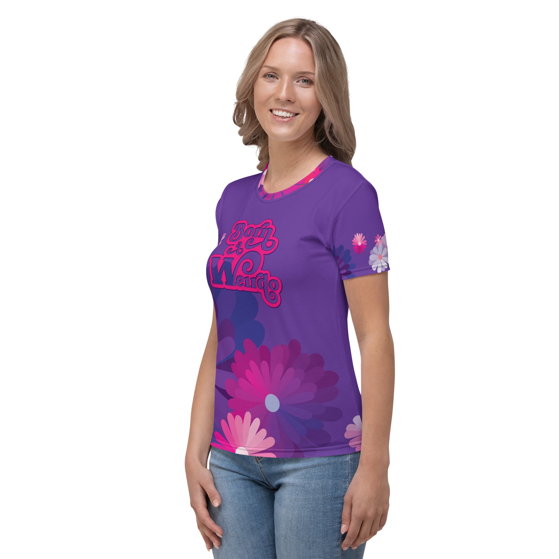 #WEIRDO | T-shirt for ladies with the "Born a Weirdo" fun meme logo printed at the chest. Purple shirt with flowers.