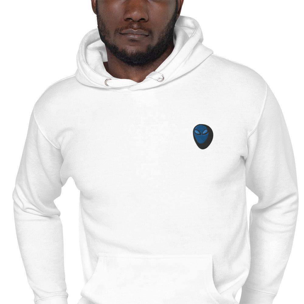 Weirdo | Hoodie for weirdos who know that the Aliens are already amongst us! This white hoodie with pocket has an blue Alien embroidery at the front of the hoodie and our funny meme printed at the back of the hoodie; THEY ARE HERE.