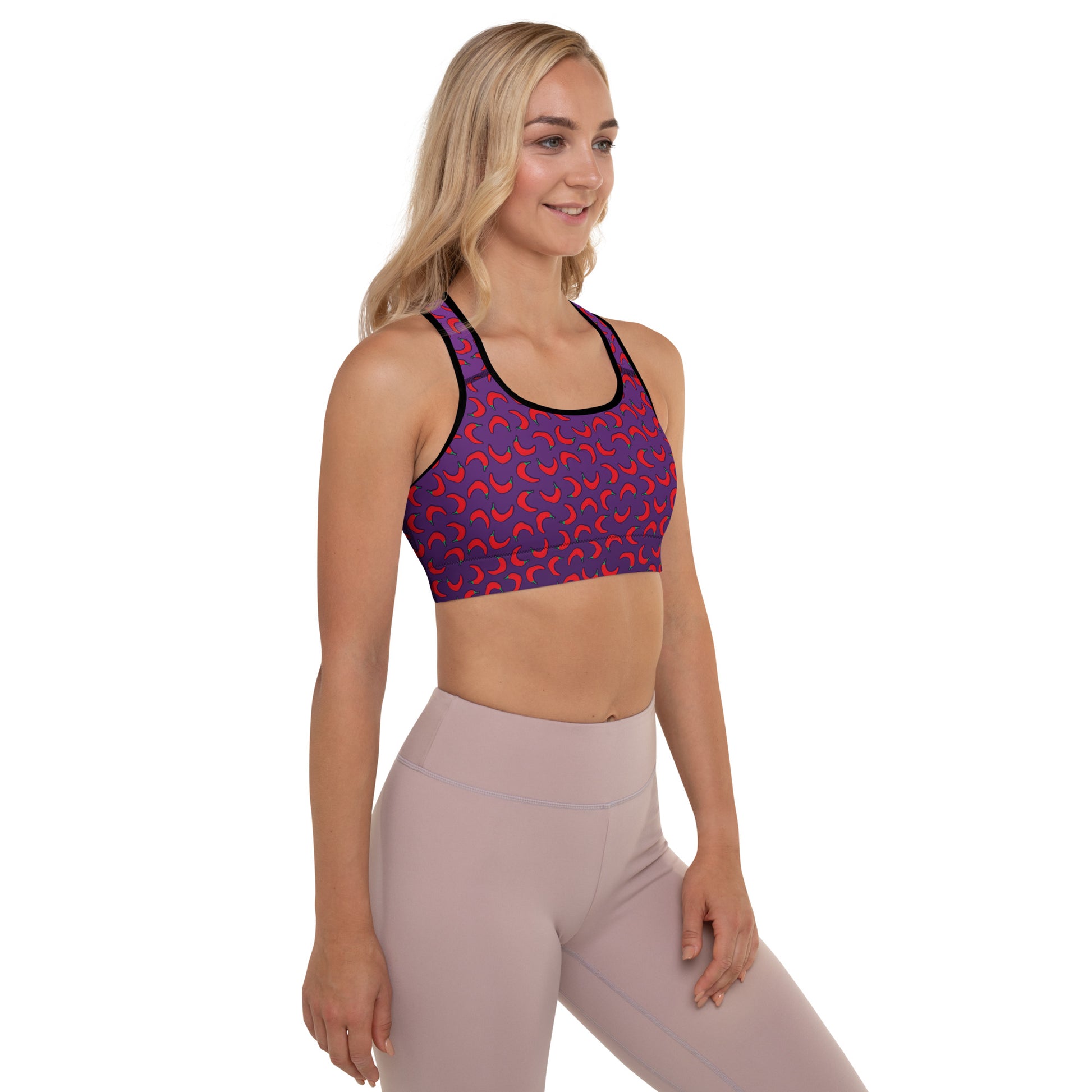Weirdo | Sports bra for weird females who consider themselves as an Extremely Hot Weirdo! This sports bra is purple with red peppers printed all over and has our funny meme printed at the back of the bra.