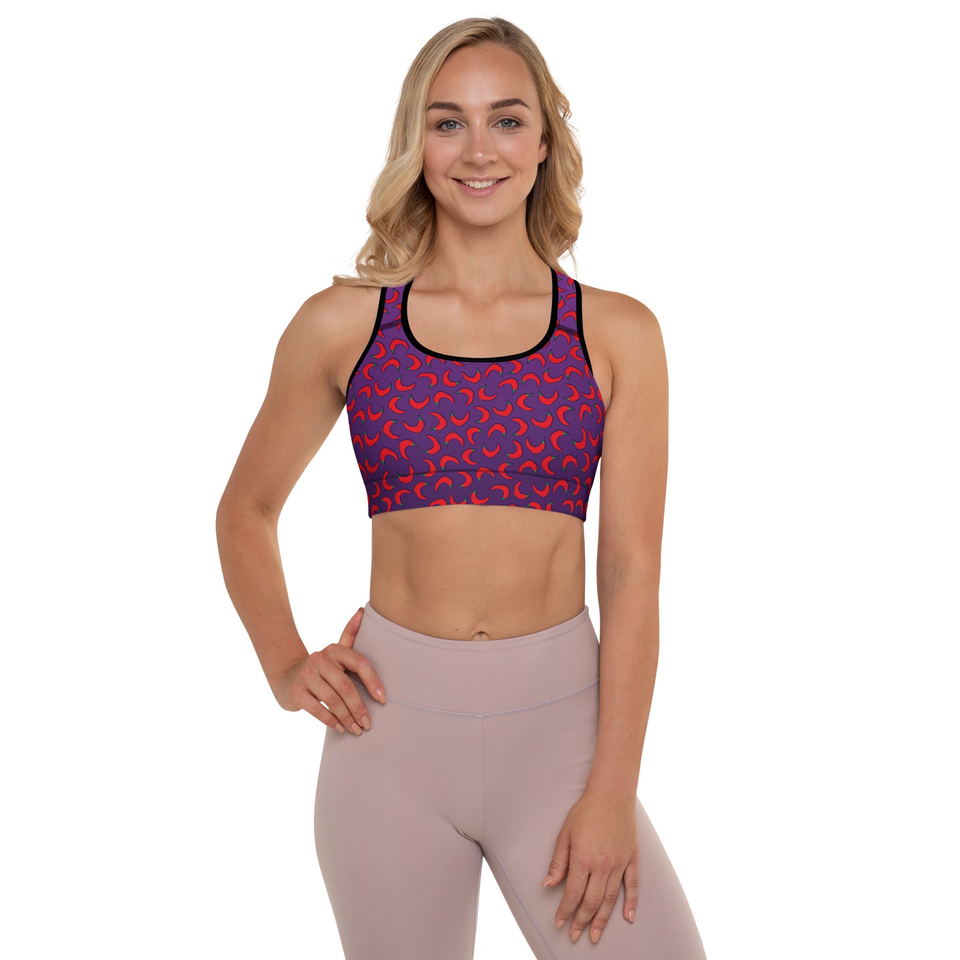 Weirdo | Extremely hot padded sports bra for you weirdos who like it hot! This sports bra has hot peppers printed all over the bra and has our Extremely Hot Weirdo funny meme printed at the back.