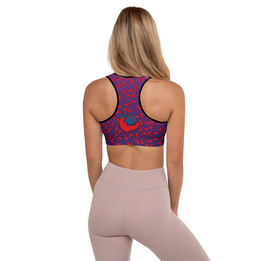 Weirdo | This purple sports bra is padded and has red peppers printed all over the sports bra. The funny meme is printed at the back of the bra.