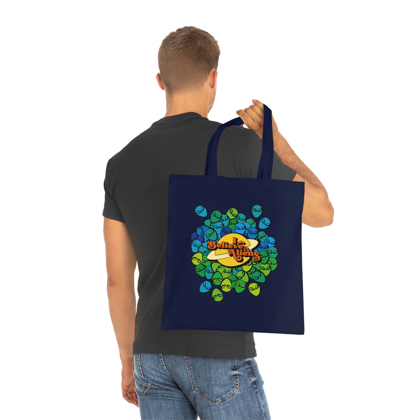 Weirdo | Durable shopping with this awesome cotton tote bag! This navy blue cotton tote bag has our Alien meme printed at the front of the bag. Do you believe in Aliens?