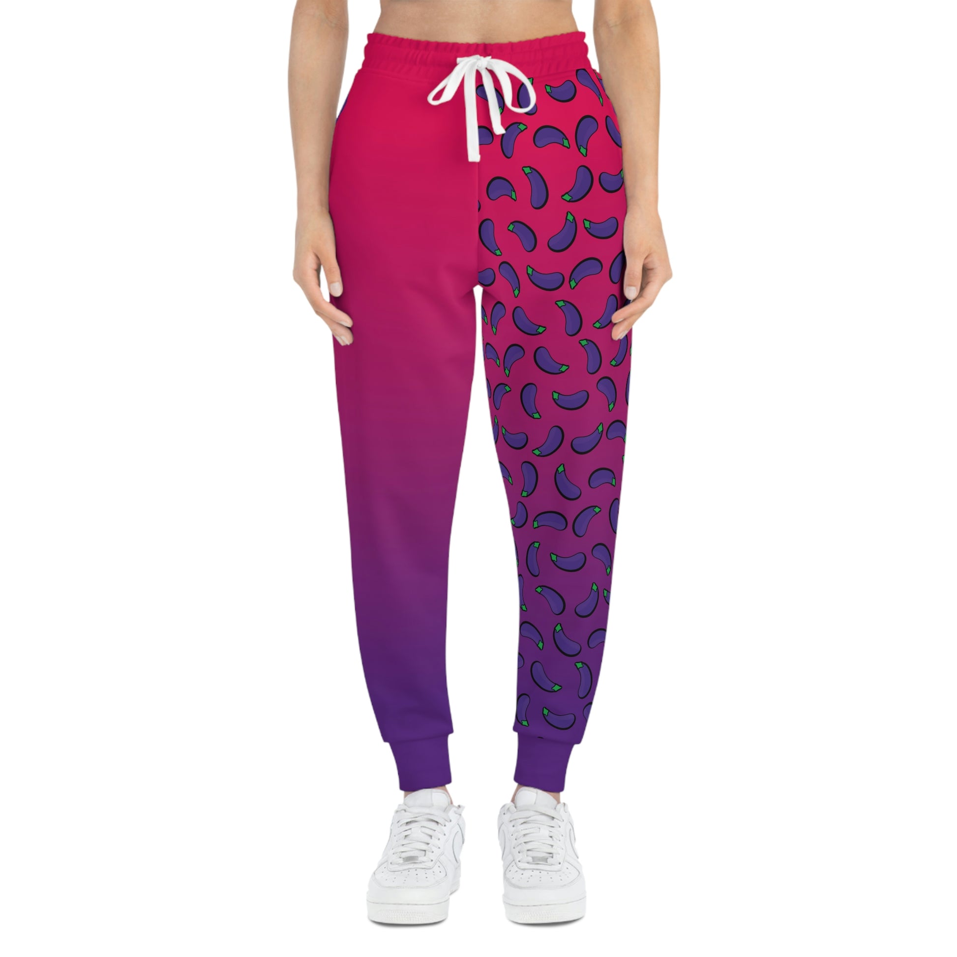 Weirdo | Athletic joggers for women who like weird joggers! This jogging pants is pink and purple and has eggplants printed on one leg. Also our #WEIRDO fun meme is printed at the back of one leg.