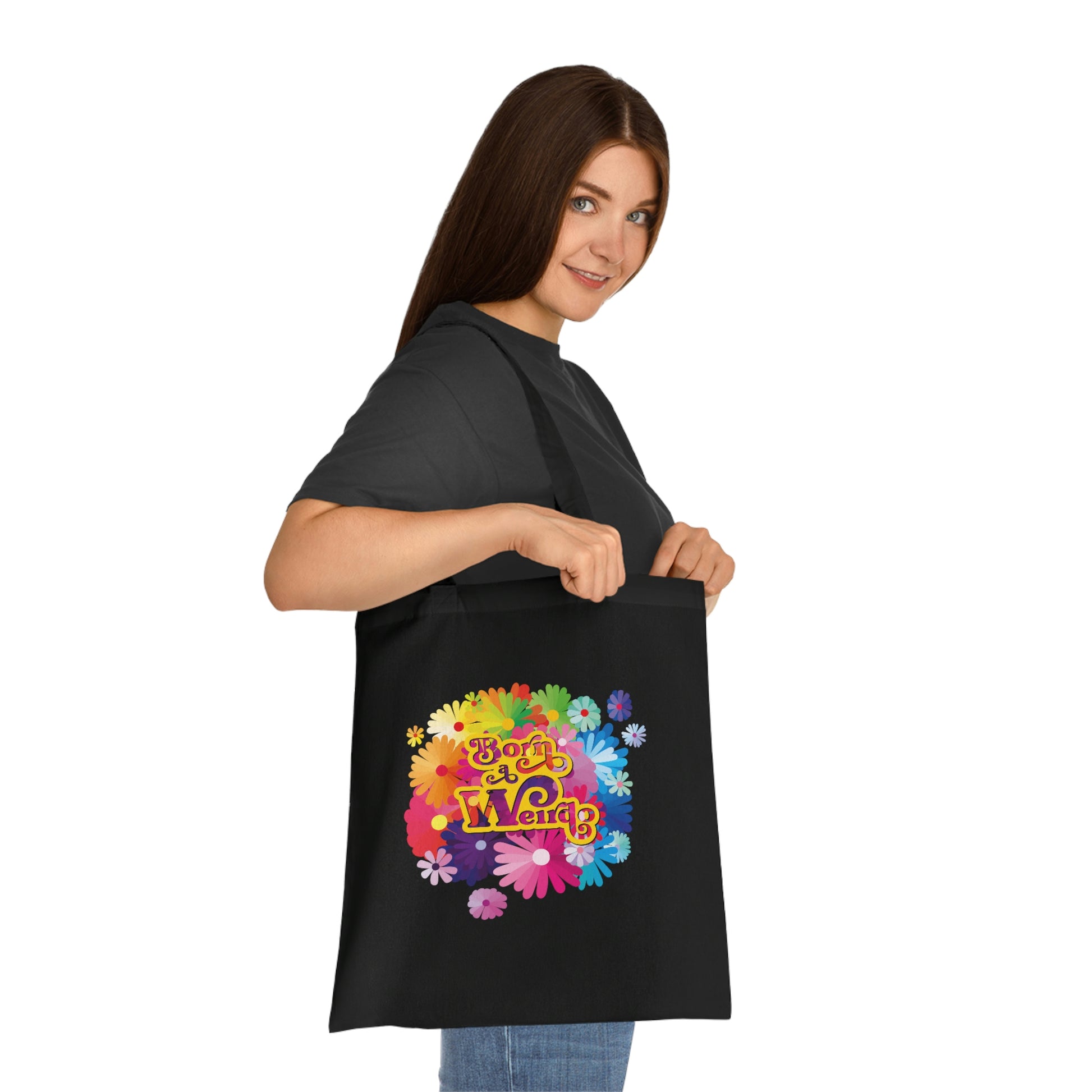 Weirdo | This black tote bag is made of 100% cotton and has our funny meme printed in colorful flowers on one side of the cotton tote bag: Born a Weirdo