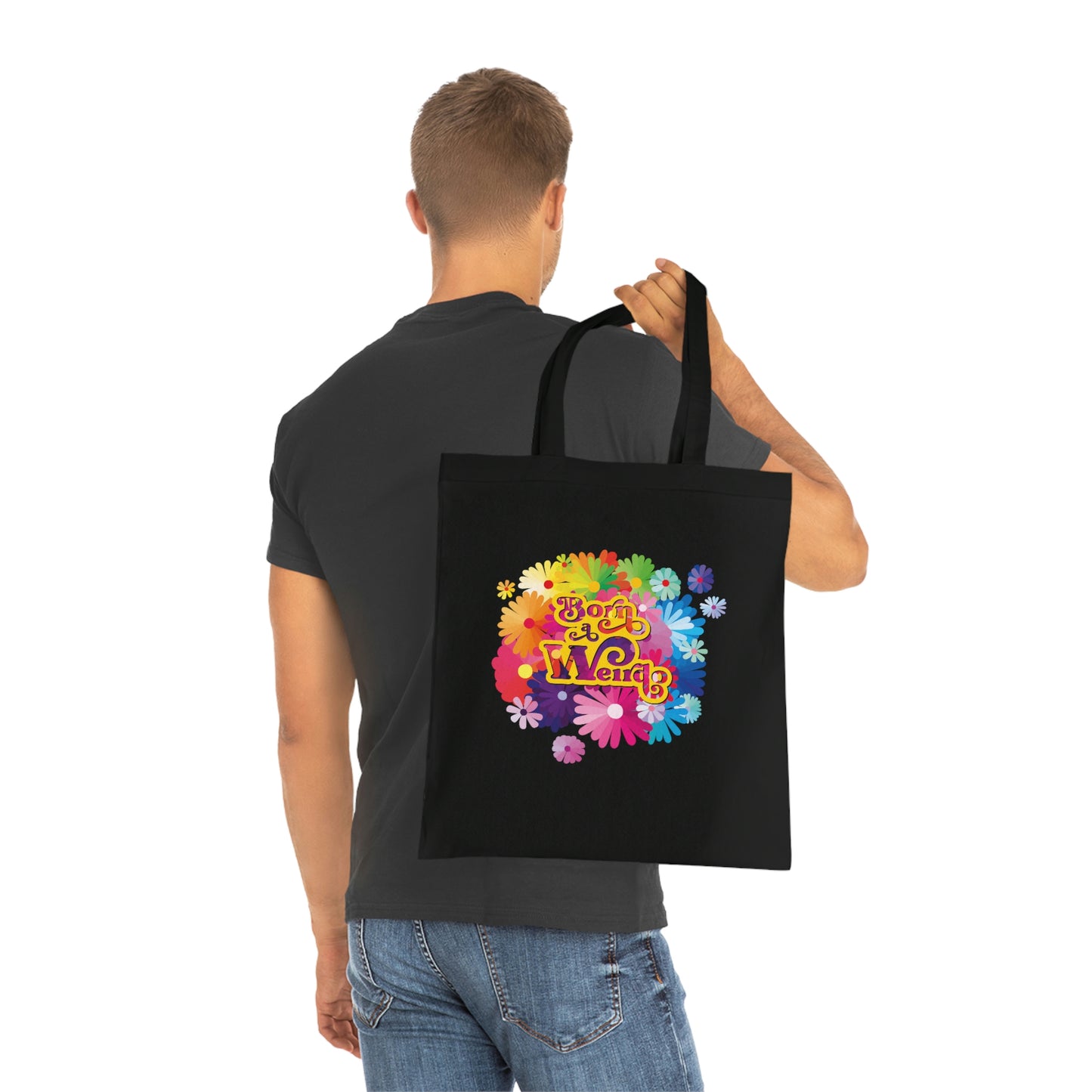 Weirdo | This 100% cotton tote bag for weirdos has our funny meme: Born a Weirdo printed at the front of the cotton bag in colorful flowers.
