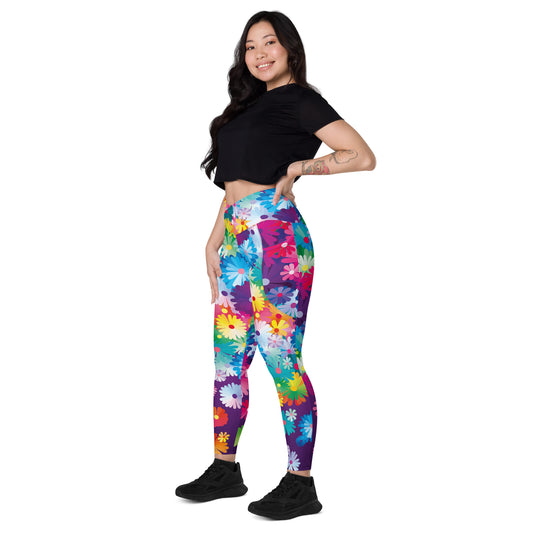 Weirdo | Crossover legging with pockets and flowers printed all over is designed for women who are Born a Weirdo! This funny meme is printed at the right pocket of the legging.