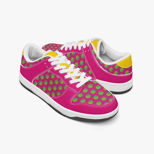 Weirdo | These colorful sneakers are pink with contrasting green apples. The leather sneakers for women will color up your feet!