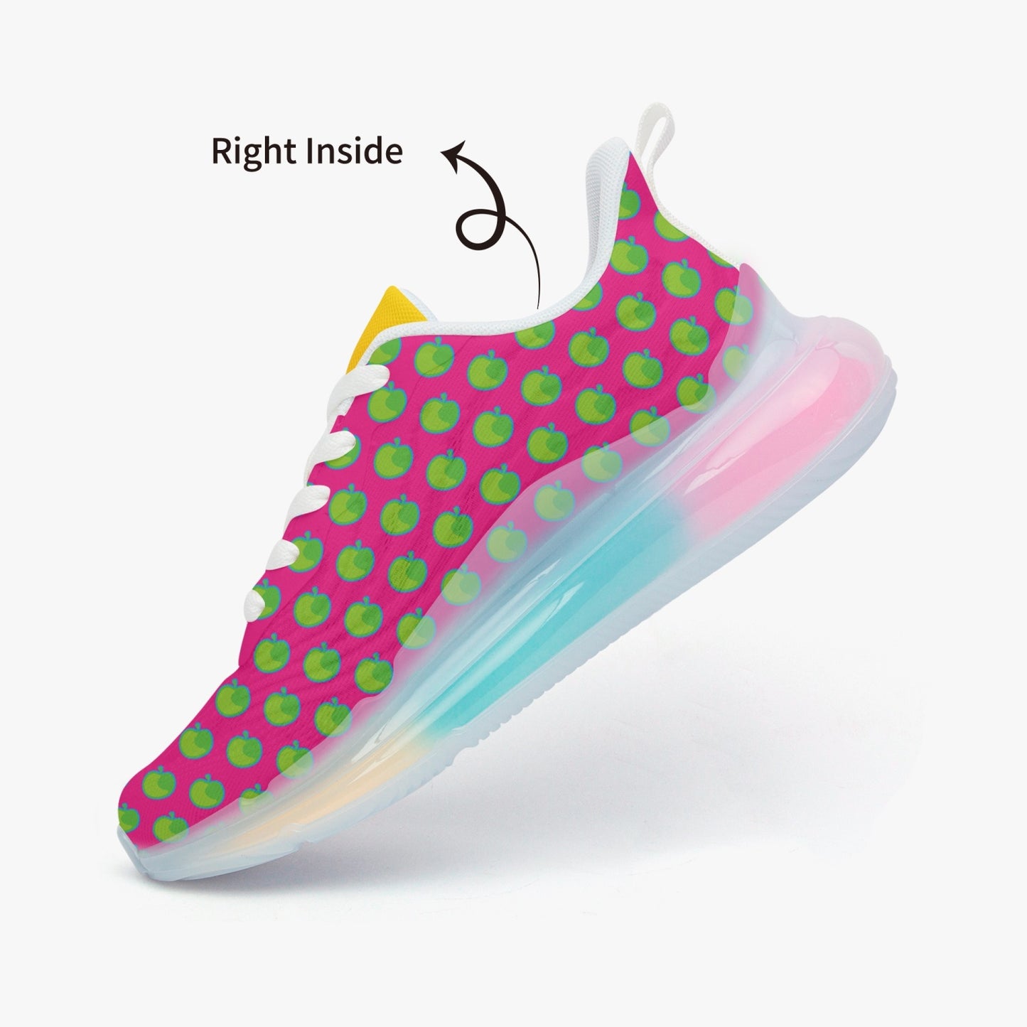 Weirdo | Women’s sneakers! Lightweight, comfortable, air cushion sneakers with colored soles! These pink sneakers have green apples printed all over the sneakers.