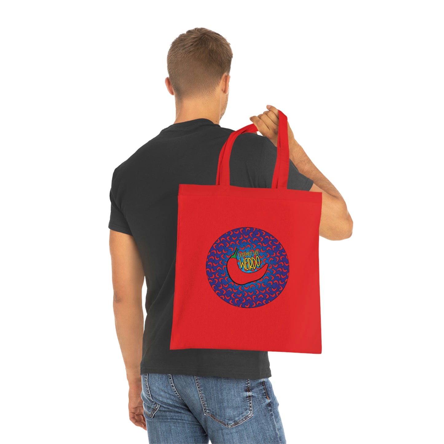 Weirdo | Red, 100% cotton tote bag with funny meme: Extremely Hot Weirdo. Are you hot and weird? Then this shopping bag is perfect for your daily shopping.