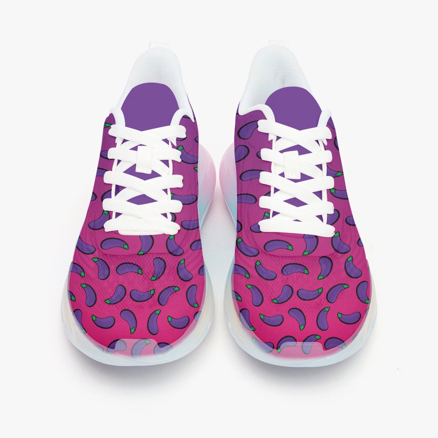 Weirdo | Weird people pay attention to these awesome, colorful and lightweight sneakers for women. This pink and purple sneakers with white laces have eggplants printed all over the sneakers and have very colorful soles.