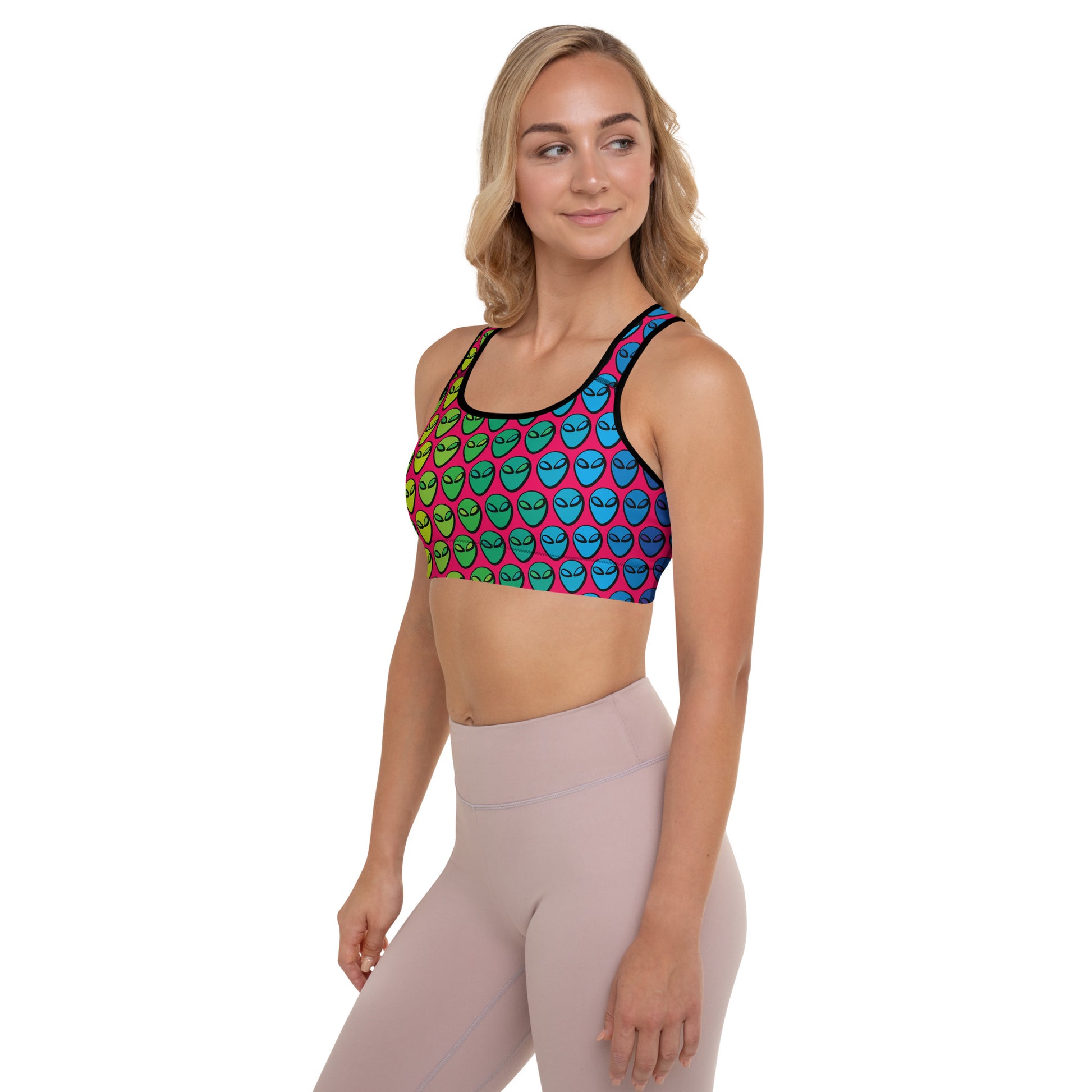 Weirdo | Colorful sports bra for weirdos who are into aliens! Alien heads are printed all over on this padded sports bra.