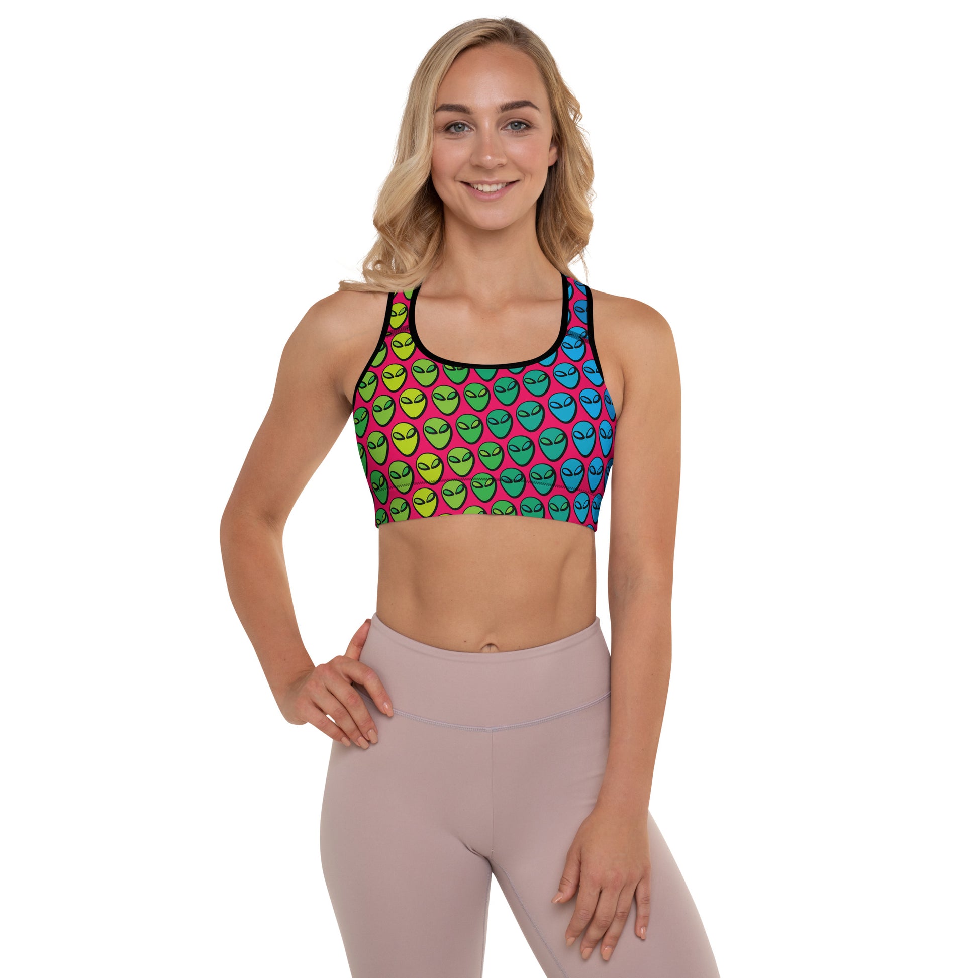 Weirdo | Sports bra with aliens printed all over! This awesome sports bra for weirdos who believe in aliens has removable pads.