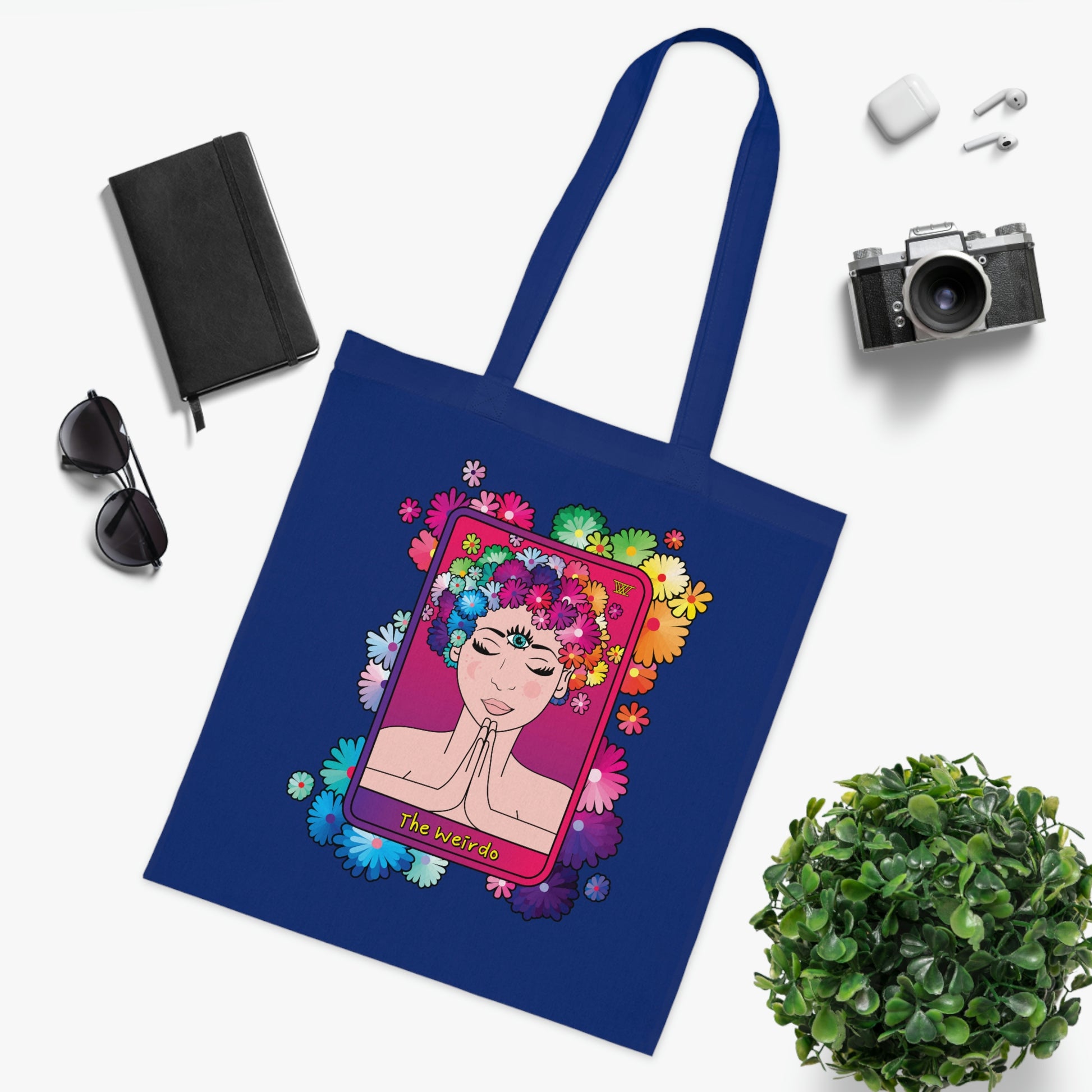  Weirdo | spiritual tote bag for your everyday groceries. This cotton tote bag is blue and has the Weirdo tarot card displayed at the front of the bag.