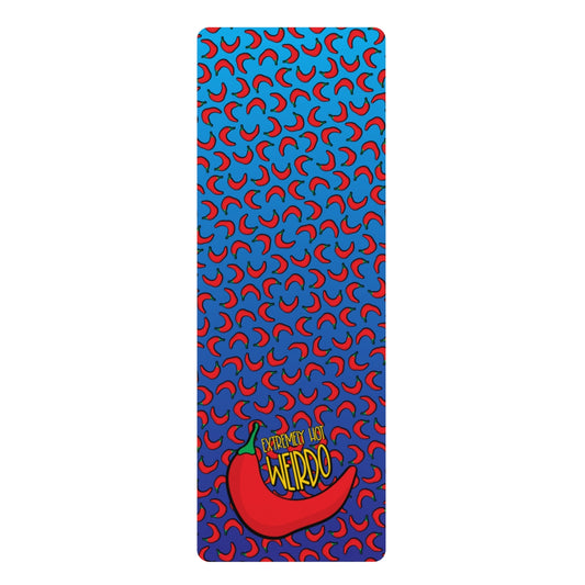 # weirdo | yoga mat for Extremely Hot Weirdos! This blue yoga mat has hot peppers printed all over the yoga mat and the awkward meme: extremely hot weirdo at the bottom.