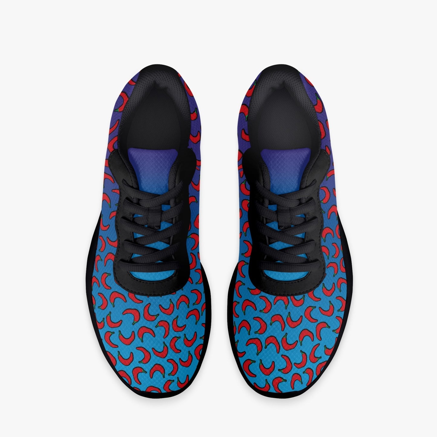 Weirdo | Women’s running shoes for weirdos! Check out these awesome and weird blue mesh running shoes with hot and spicy peppers printed all over the shoes.