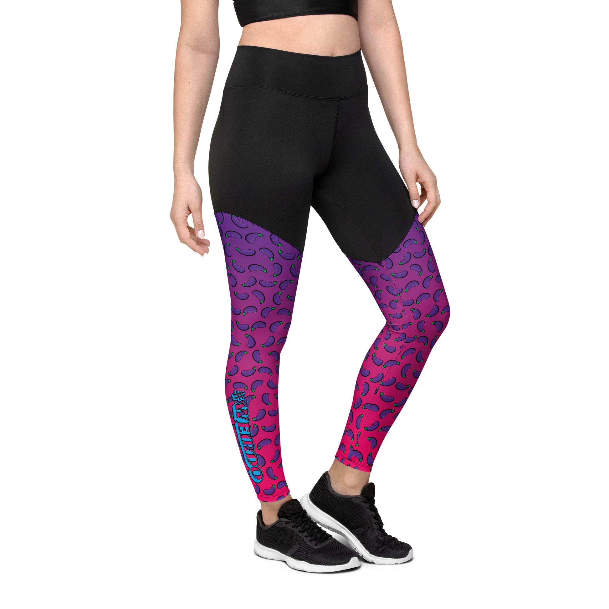 Weirdo | Awesome sports leggings that are a little weird. Get noticed at the gym or yoga class with these leggings that are partly covered in eggplants.