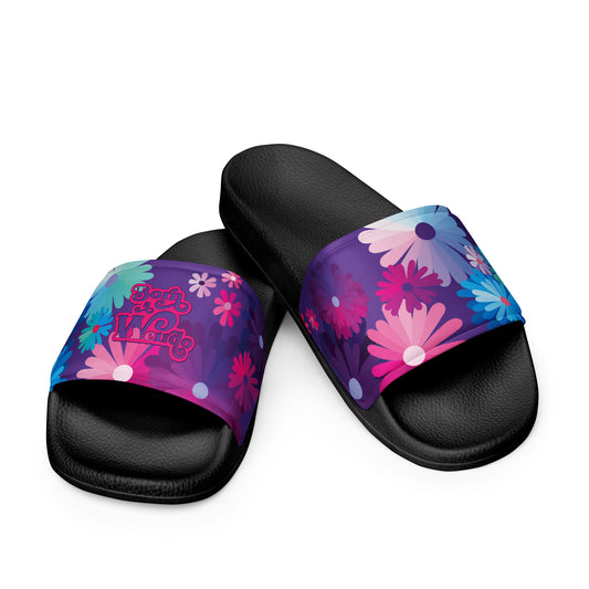 #WEIRDO | Slides for women! Purple with pink, blue and purple flowers and the 'Born a Weirdo' funny meme printed on one strap.